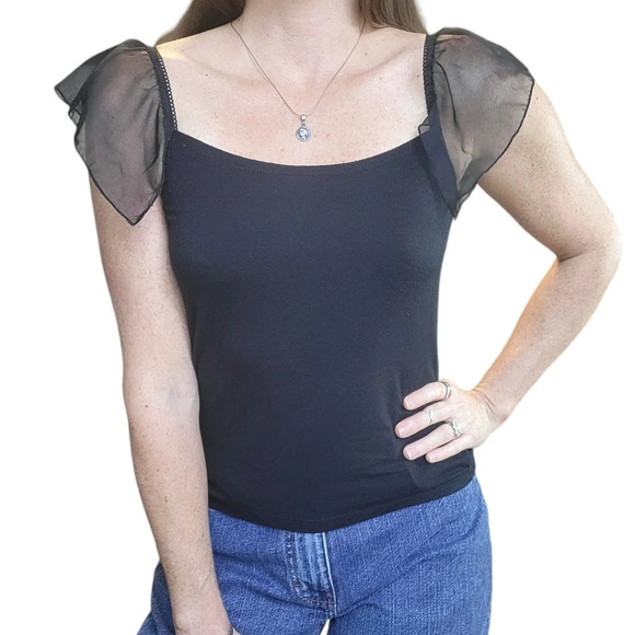 INC Y2K Black Sheer Flutter Sleeve Whimsigoth Witchy Top - Picture 1 of 12